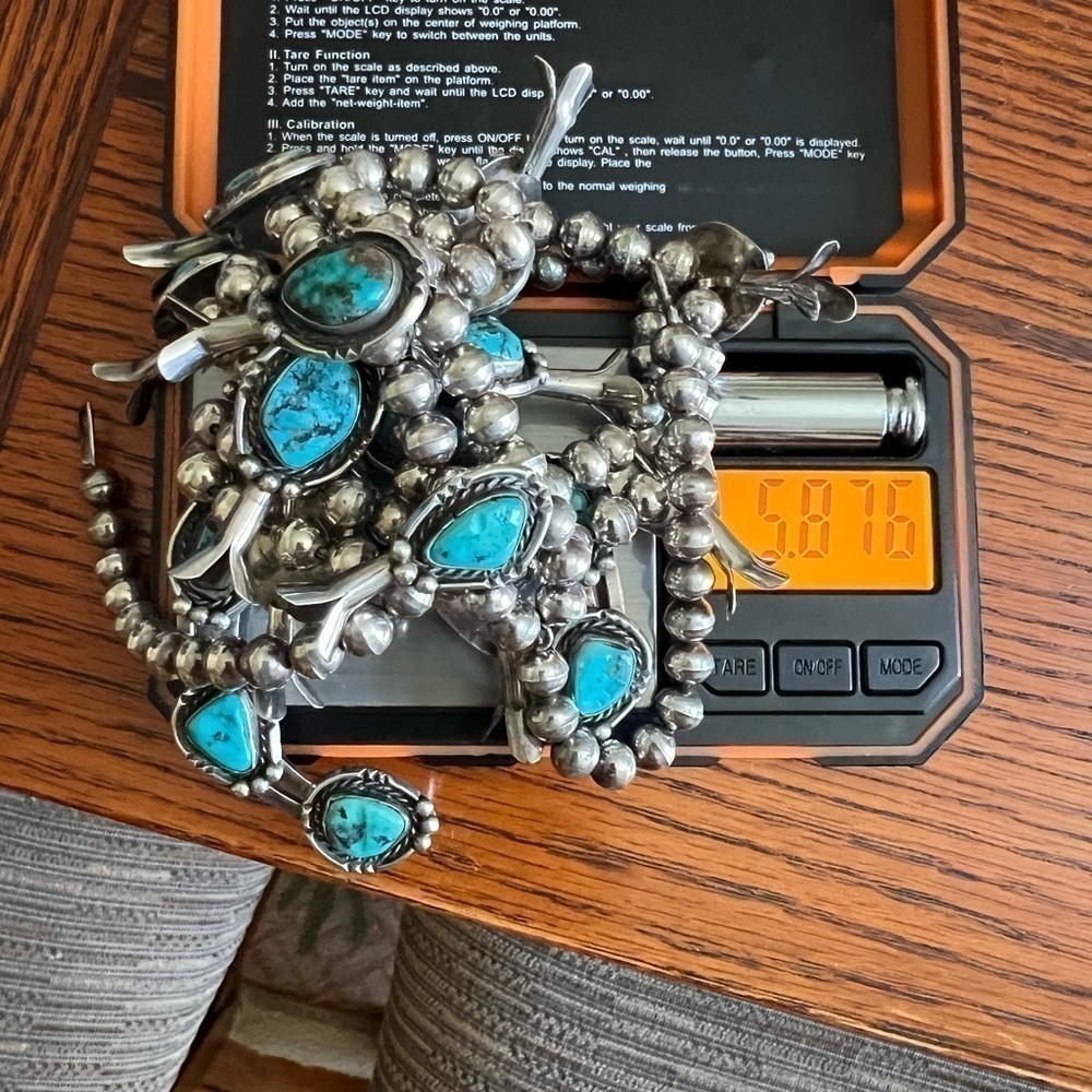 Vintage squash blossom Turquoise pendant necklace silver beaded. Navajo sterling - Picture 6 of 6